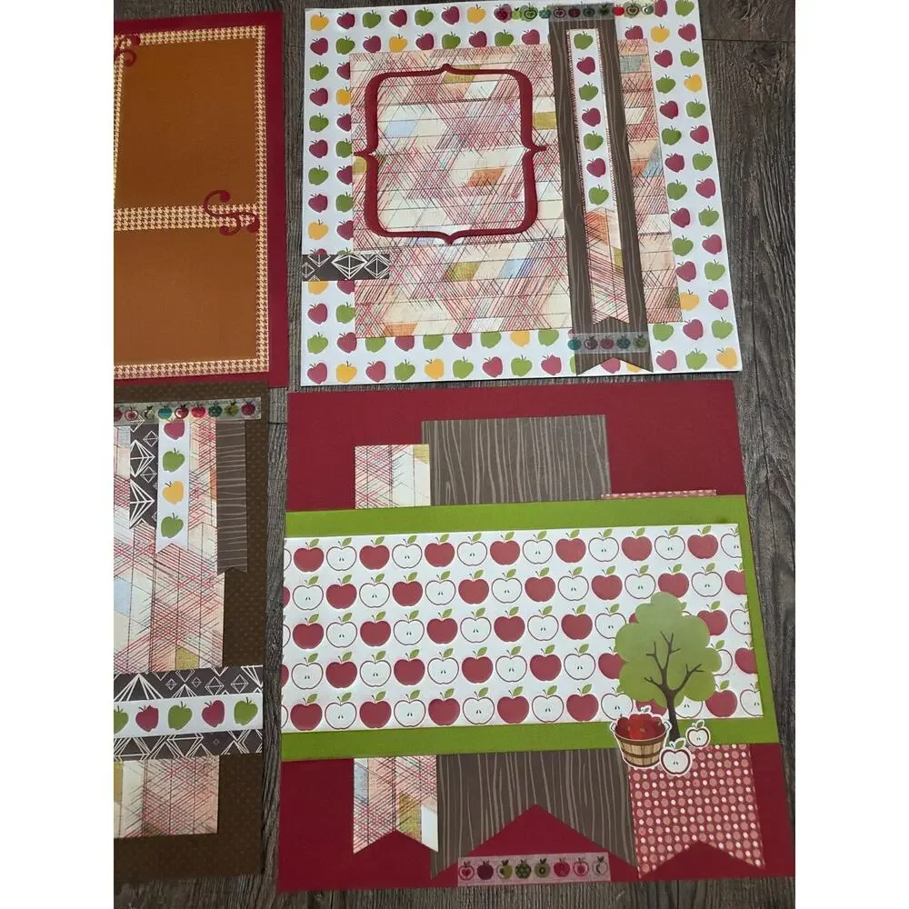 Scrapbooking Pre-Made Pages Just Add Pictures Apples Brown Red Green Set of 6